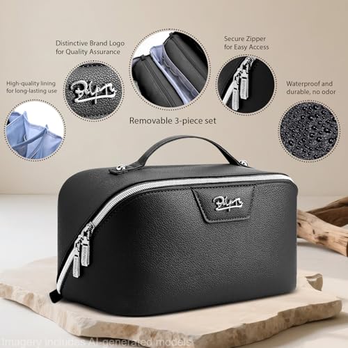 BOYATU Travel Makeup Bag Cosmetic Bags for Women: Large Capacity 3 Pcs Set Make up Bag with Compartments - Waterproof Vegan Leather Toiletry Organizer Bags with Handle (L26Black) - color: L26Black