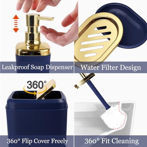 XLHOMO Bathroom Set, 9PC Bathroom Accessory Set, Blue Bathroom Accessories, Blue Bathroom Set, Trash Can, Soap Dispenser for Home Decor - color: Navy Blue and Gold, size: Bathroom Set
