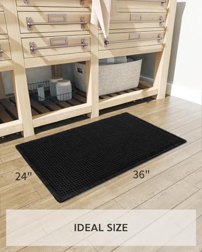 tchdio Waffle Bath Mat Rug, Super Absorbent Non Slip Bath Mats Ultra Soft Bathmat Machine Washable Bathroom Rugs with Tassels, Bath Rugs for Bathroom Floor Beside Tub, 24" x 36", Black - color: Black, size: 24" x 36"