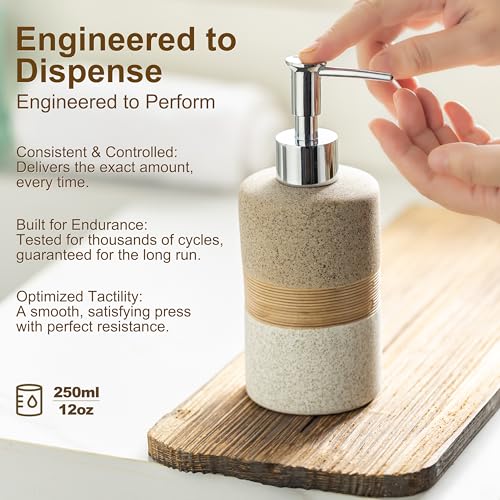Ceramic Dish Soap Dispenser Set with Silicone Funnel, Hand Soap, Shampoo, Body Wash, Lotion Dispenser for Kitchen and Bathroom, Stainless Steel Pump, Non Slip, 12 Oz - color: Beige and White, size: 1xSoap Dispenser