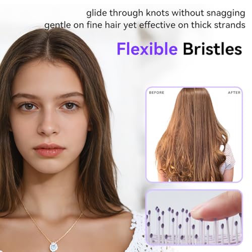 Self Cleaning Hair Brush, Curved Vented Detangler Brush for Faster Blow Drying, Anti-Breakage Wet & Dry Hair Brush for Women Men Kids, All Hair Types, Folding Travel Brush, Purple - color: Purple