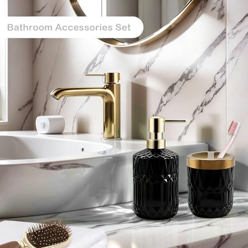 2Pcs Black Bathroom Accessories Set, Glass Bathroom Accessories, Vintage Bathroom Countertop Decoration Includes Soap Dispenser, Toothbrush Holder - color: Black, size: 2 Pcs