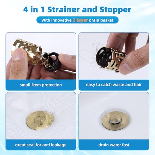 Universal Bathroom Sink Drain Stopper Hair Catcher, Brushed Gold | Upgraded with 2-Layer Detachable Filter Basket, 4 in 1 Pop Up Drain Strainer, Anti-Clog, Fit for 1.1''~2.36'' Sinks - color: Brushed Gold Finish