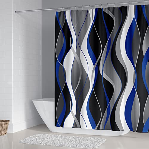 4Pcs Blue Shower Curtain Sets with Non-Slip Rugs, Toilet Lid Cover and Bath Mat, Black and Gray Bathroom Decor Set Accessories Fabric Waterproof Shower Curtains with 12 Hooks, 72 x 72 Inch - color: Blue