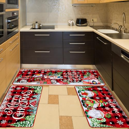 Drydiet 3 Pcs Christmas Kitchen Mat Washable Red Black Buffalo Plaid Kitchen Rug Non Slip Gnome Floor Mat Waterproof Farmhouse Xmas Doormat for Home Office Bathroom Party Holiday Decor - color: Red, style: Gnome