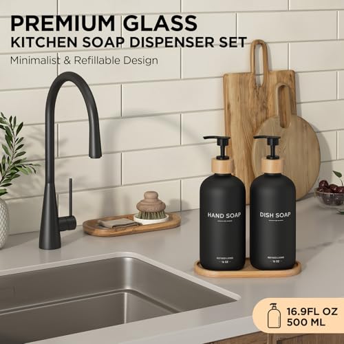 Hand and Dish Soap Dispenser Set,16oz Glass Bottles with Bamboo Pumps & Tray,Countertop Soap Dispensers for Kitchen,Luxury, Minimalist & Farmhouse Decor - color: Hand Dish (Black)