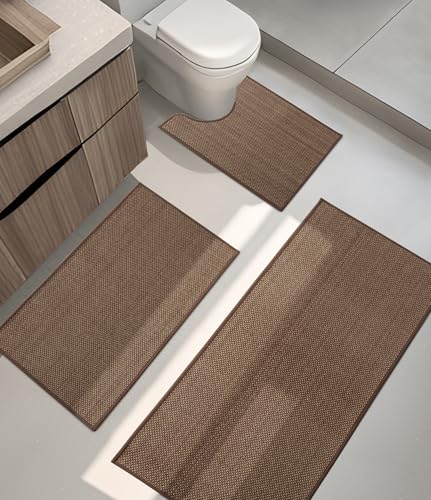 YIHOUSE Bathroom Rugs Sets 3 Pieces, Coffee Ultra Thin Bath Mats Fit Under Door, Absorbent Quickly Dry Rubber Backing Braided Bath Mat Set, Non Slip Washable Bath Rugs Mat for Bathroom Floor, Coffee - color: Coffee, size: 3pieces