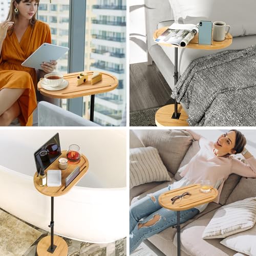 NiHome Bamboo Swivel Sofa Armrest Tray Table for Couch with Thickened Stable Base, Adjustable Height TV Tray Side Table with 360° Rotating for Bath Tub Hot Tub Bedside Balcony - size: Standard