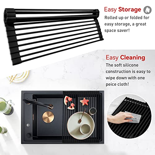 MERRYBOX Roll Up Dish Drying Rack Silicone Wrapped Over The Sink Dish Drying Rack Multipurpose Foldable Sink Drying Mat Anti-Slip & Anti-Rust Dish Rack for Kitchen, 17.5" x 13", Black - color: Rectangle-black, size: Rectangle: 17.5" x 13"