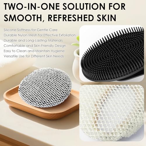 African Net Exfoliating Sponge Case with Silicone Body Brush, Black | 2in1 Quick-Dry Bath Mesh Washcloth Shower Scrubber, Massaging, Cleansing, Skin Smoother, INNERNEED - color: Black