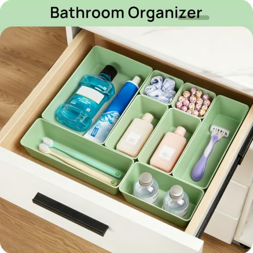Vtopmart 25 PCS Plastic Drawer Organizers Set, 4-Size Versatile Bathroom and Vanity Drawer Organizer Trays, Storage Bins for Makeup, Bedroom, Kitchen Gadgets Utensils and Office - color: Sage Green