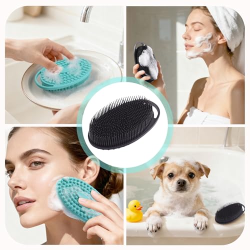 2 Pack Silicone Body Scrubber, Exfoliating Shower Scrubber for All Skin | 2 in 1 dual-sided design, soft bristles and massage bumps side, fast-drying, non-slip handle, for women and men, Black+Green - color: Black&green