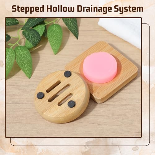 Ymapinc 2-Pack Bamboo Soap Holder, Round+Square for Home Shower Bathroom | Natural Bamboo Soap Dish & Shower Steamer Holder, Wood Tray