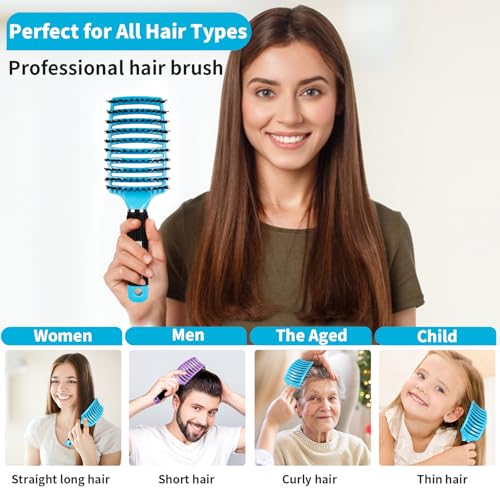 Boar Bristle Hair Brush Set of 2, HIPPIH Wet & Dry Hair Brushes Made by Fine Natural Boar Hair Can Adds Shine and Smoothing, Detangling Hairbrush for Women, Men & Kids' Long Curly Thick Hair - color: Mint Blue & Pink