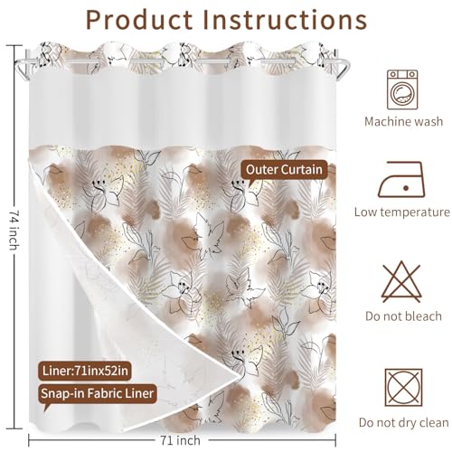 No Hook Shower Curtain with Snap in Liner Set FYZZ00003 - color: Brown Watercolor Botanical