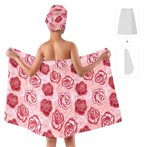 2-Piece Bath Wrap & Hair Towel Set for Women – Soft Absorbent Spa Wrap with Adjustable Closure, Quick-Dry Microfiber Body Towel & Hair Turban, Rose Floral Design (Rose Floral 5) - color: Rose Floral 5