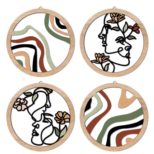 HPNIUB Boho Fashion Woman Wall Decor, Abstract Geometric Line Hanging Wooden Wall Art, 4 Pieces 10''x10'' Minimalist Aesthetic Female Women Face and Floral Wood Sign for Bedroom Living Room, Lady Gift - color: colorful