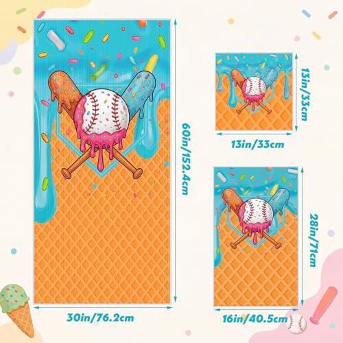 Moukeren Set of 3 Ice Cream Drip Baseball Bath Towels Baseball Bath Towel Hand Towel and Washcloth Soft Absorbent Ice Cream Drip Party Supplies for Summer Beach Swimming Party Favors Birthday Gifts - style: Ice Cream Drip
