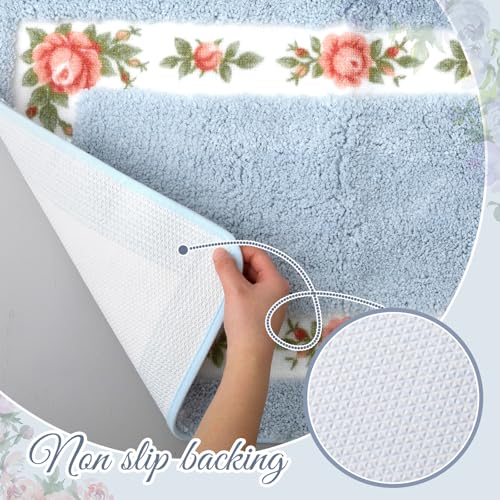Timgle 4 Pcs Rose Flowers Coquette Bathroom Rugs Set Coquette Decor Rose Flower Area Rugs Non Slip Absorbent Washable Door Mat Floral Bathroom Carpet for Home Hotel, 4 Shapes (Blue) - color: Blue
