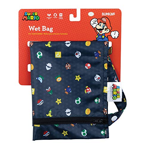 Bumkins Waterproof Wet Bag for Baby, Travel, Swim Suit, Cloth Diapers, Pump Parts, Pool, Beach, Gym Clothes, Toiletry, Hook to Stroller, Daycare, Zipper Reusable Wetdry Packing, Nintendo Super Mario - color: D1 Super Mario Lineup, style: Wet Bag