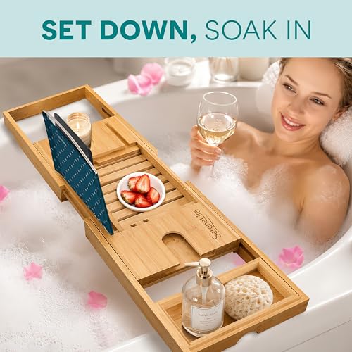 SereneLife Premium Bathtub Tray Caddy, Expandable Bath Tray, Unique House Warming Gifts, Gift for Mom, Women, New Home, Wedding, Anniversary, Bridal Shower, Universal Fit for All Tub -Natural, GiftSet - color: Natural, Gift Set