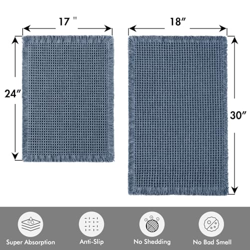 MIULEE Set of 2 Waffle Bathroom Rugs, Boho Bath Rugs Non Slip Washable, Super Absorbent Bath Mats, Ultra Soft Rubber Backed Shower Mats for Bathroom Floor, Tub, Blue, 17"x24"+18"x30" - color: Blue, size: 17''x24'' + 18''x30''