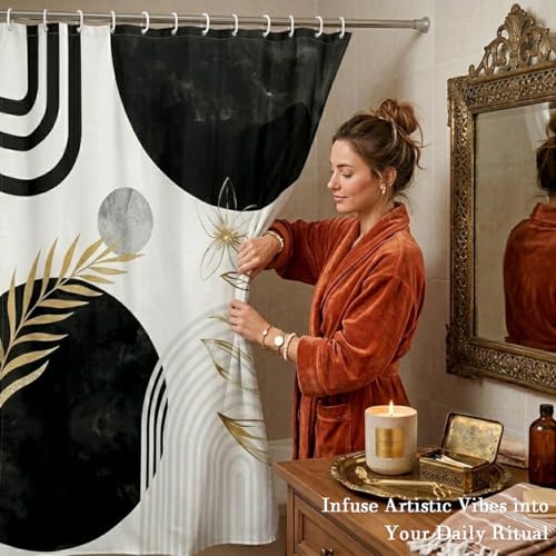 Black and Gold Shower Curtain, White Grey Abstract Art Pattern, Mid Century Modern Polyester Fabric, Cool Boho Mens Bathroom, 60x72 Inch, 12 Hooks Included - color: Black, size: 60"W x 72"L (Pack of 1)
