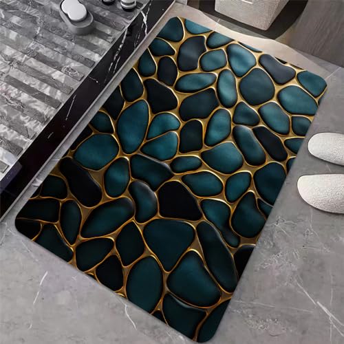 Diatomaceous Earth Bath Mat,Blue and Gold Stones Non-Slip Volume Super Absorbent Fast Drying for Bathroom Kitchen mat,Eco-Friendly Easy to Clean 20×31Inch (50 * 80cm) - color: Blue and Gold Stones, size: 1'8" x 2'8" (Rectangular)
