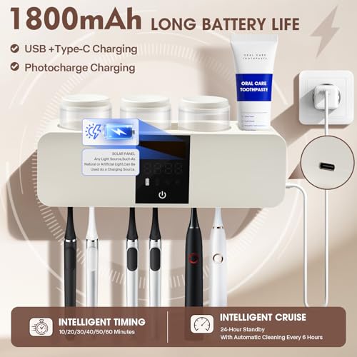 LXIANGN 3 in 1 Toothbrush Cleaner Holders for Bathrooms,Wall Mounted Toothbrush Holders with Drying and Cleaning,Smart LED Screen,6 Toothbrush Slots,3 Cups and Toothpaste Dispenser (White) - color: White