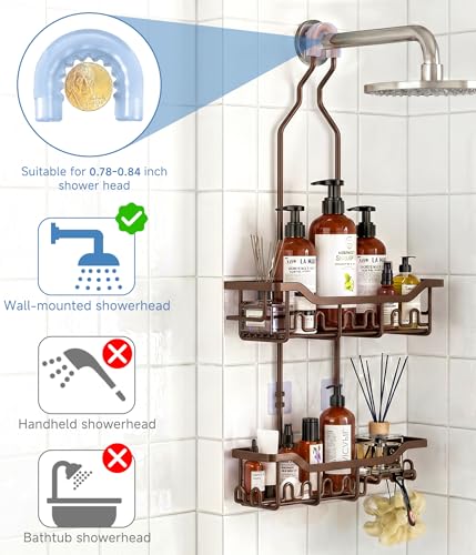 Upgraded Extended Length Shower Organizer with Hooks, Rustproof Shampoo Soap Holder, Large Hanging Bathroom Caddy, Brown - color: Brown