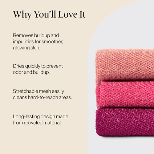 Kitsch African Net Sponge – Exfoliating Body Scrubber for Cleansing & Gentle Daily Exfoliation – Stretchable Bath Sponge for Hard-to-Reach Areas, Long-Lasting Shower Essential - Berry Pink, 3 Pcs - color: Berry Pink