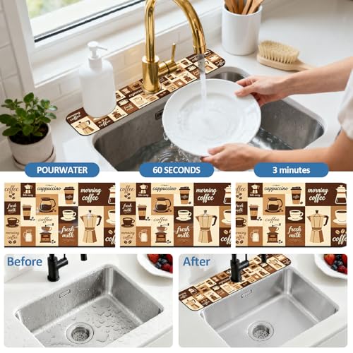2 Pcs Kitchen Sink Splash Guard Faucet Mat Coffee Pattern Faucet Mat for Sinks Absorbing Drying Mats for Kitchen Bathroom - color: Coffee Pattern