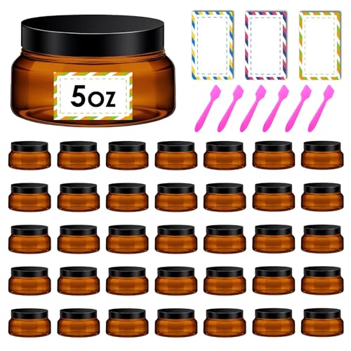 36 Pack 5 oz Amber Plastic Cosmetic Containers With Lids Refillable Clear Empty Travle Jars Containers for Body Butter,Sugar Scrubs,Cream,Lotions,Candy, Waterproof Label&Spatulas - (Black Lid) - color: Brown-Black Lid, size: 5 OZ