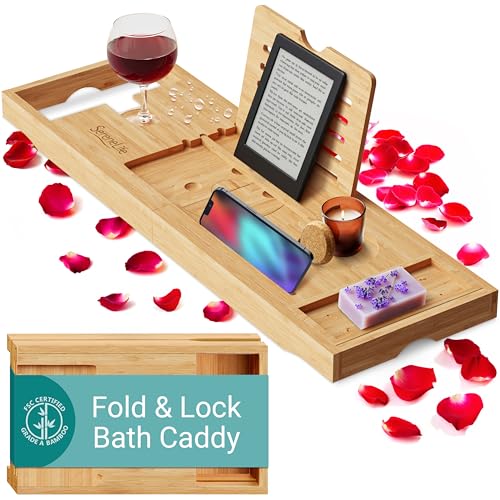 SereneLife Premium Bathtub Tray Caddy, Expandable Bath Tray, Unique House Warming Gifts, Gift for Mom, Women, New Home, Wedding, Anniversary, Bridal Shower, Universal Fit for All Tub - Natural,Folding - color: Natural, Folding