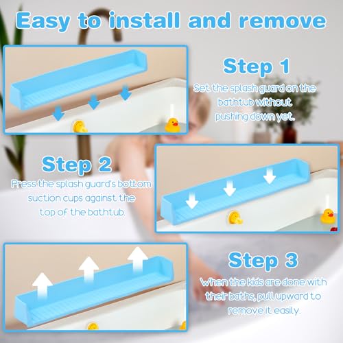 Silicone Bathtub Kids Splash Guard – Extra Long 2.6FT Play Shelf with 11 Strong Suction Cups, Toddler Bath Toy Tray & Caddy Holder, Water Spill Barrier for Bathroom, No Mess Fun Time – Blue