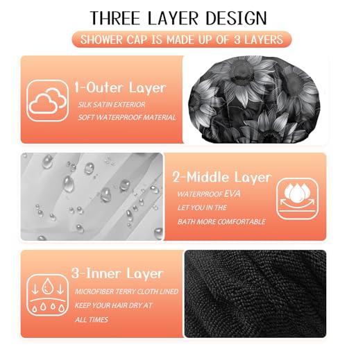 Luxury Shower Cap Terry Lined Reusable Triple Layer Waterproof Hair Elastic Caps Shower Bath Hat for Women Girls Cute Aesthetic-Black Sunflower - color: AL10-Black Sunflower