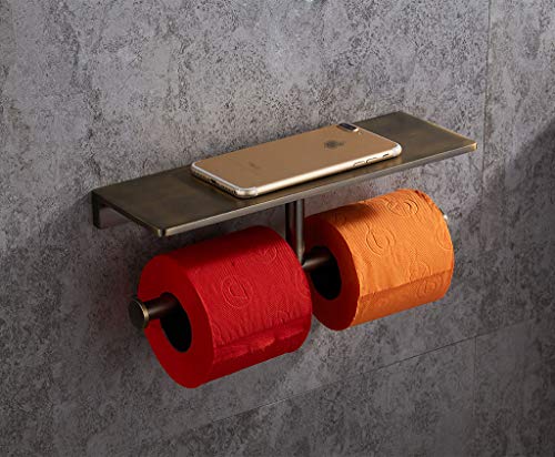 Toilet Paper Holder, Solid Brass Double Roll Toilet Paper Holder with Shelf | Extra-Large Storage for Phone, Glasses | Heavy-Duty for Modern & Commercial Bathrooms, Brushed Bronze Finish - color: Brushed Bronze