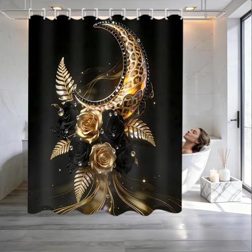 4 Piece Black and Gold Bathroom Set with Shower Curtain and Rugs, Luxury Leopard Moon & Rose Gothic Aesthetics Decor, Waterproof Fabric Curtain, Non-Slip Bath Mat & Toilet Lid Cover - color: Black Gold Moon