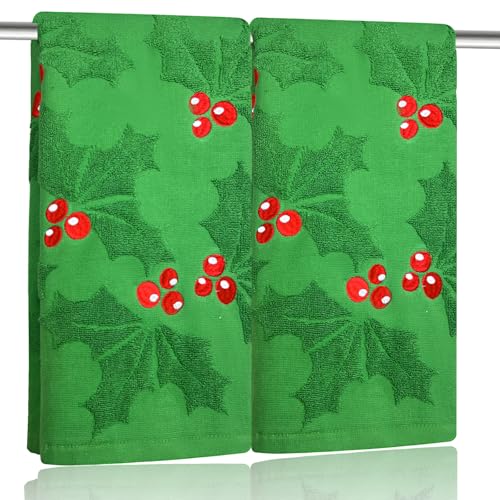 2 Pack Christmas Holly Berry Hand Towels 100% Cotton Jacquard Holiday Kitchen Dish Towels Retro Neutral Green Bathroom Towels Set Gift Seasonal Xmas Winter Bathroom Decor (Holly Berry Green) - color: Holly Berry Green