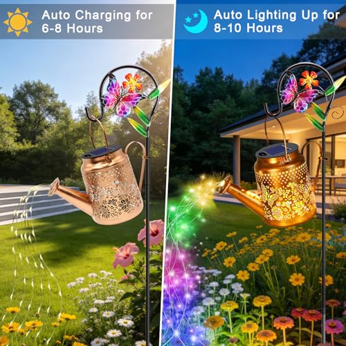 ANGMLN Butterfly Solar Lights Outdoor Waterproof, Birthday Gifts for Mom Grandma Women, Solar Watering Can Lights with Shepherd Hook, Metal Hanging Lantern Garden Decor Yard Outside Patio Lawn - color: Butterfly&Sunflower