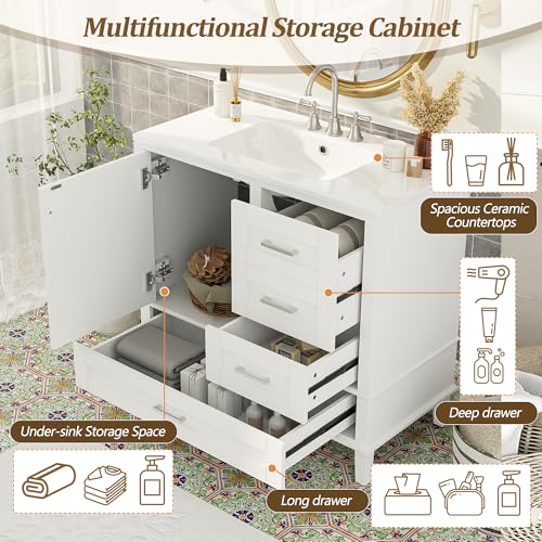 Linique 36" Modern Bathroom Vanity with Sink Combo Set, Solid Wood Frame Bathroom Storage Cabinet with a Soft Closing Door and 3 Drawers, White - color: White, size: 36"/ Door without Organizer