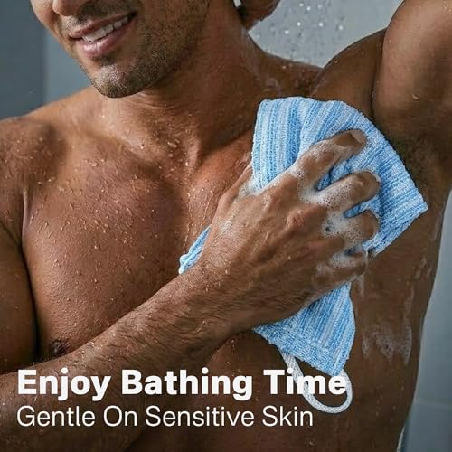 Yiclick Dual-Textured Exfoliating Washcloth Towel - Back Scrubber for Use in Shower Bath, Exfoliating Body Scrubber Exfoliator, Japanese Exfoliate Loofah Lufa Sponge Wash Cloth for Women Men - color: Sky