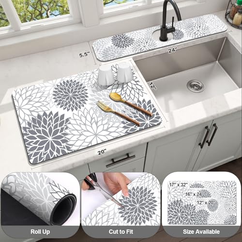 Findosom 2PCS 12" x 20" Dish Drying Mat & 24" x 5.5" Sink Splash Guard, Super Absorbent & Cuttable Dish Mat Drying Kitchen Mat with Gray Floral, Hide Stain Drying Mat for Kitchen Counter - color: Gray, size: 12" X 20" + 24" X 5.5"