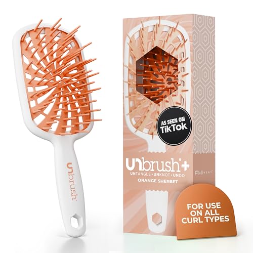 FHI Heat UNbrush Plus — Curly Hair Brush for Gentle & Effective Detangling on Wet or Dry Fragile Hair Types — Detangler Brush w/ 84 UltraFlex Bristles, Ultra-light, Vented, Anti Static Hairbrush - color: Orange Sherbet
