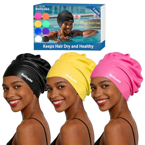 3 Pack Extra Large Swim Cap for Braids & Dreadlocks - Waterproof Silicone Swim Hat for Women with Long Thick Hair, Protective Swim Cap Cover Ears for Swimming, Shower, Bathing - color: Black+Pink+Yellow