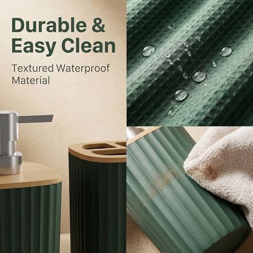 Bathroom Accessory Set 7 Pcs, Plastic Bathroom Set with Bamboo Cover Include Soap Dish, Toothbrush Holder, Mousewash Cup, Shower Curtain Set, Soap Dispenser, Trash Can & Toilet Brush - color: Dark Green, size: 7pack