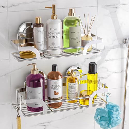 LEVERLOC Shower Caddy Suction Cup 2 Pack, Shower Shelf for Inside, Large Capacity Bathroom Organizers and Storage, Rustproof & Waterproof Metal Bath Basket, No-Drilling, Heavy Duty, Silver - color: 2 X Silver