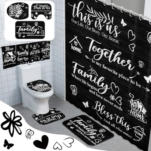 Tatuo 8 Pcs Family Shower Curtain Set Black Home Theme Bathroom Accessories Sets Farmhouse Rustic Waterproof Shower Curtain with Towels Carpet Bath Mat Toilet Rugs and 12 Hooks Housewarming Gift - style: Black Home