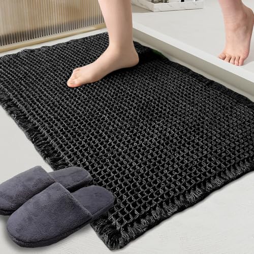 ZALL Waffle Bath Mat Black Super Absorbent Non Slip Bathroom Rug,Rhombus Geometric 17x24inch,Machine Washable Ultra Soft Floor Mats - color: Black, size: 17 x 24 inches(Rectangular)