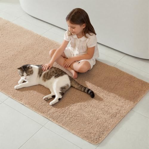 TYUU Beige Bathroom Runner Rugs, Ultra Soft Long Bath Mat Machine Washable Super Absorbent Quick Dry Bathroom Runner Rug 16 x 60 Non Slip, Beige 16" x 60" - color: Beige, size: 16" x 60"